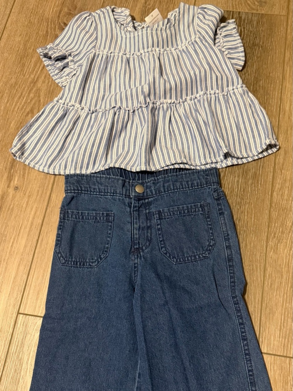 wonder nation Blue & White Striped Peplum Top with Dark Blue Denim Pants